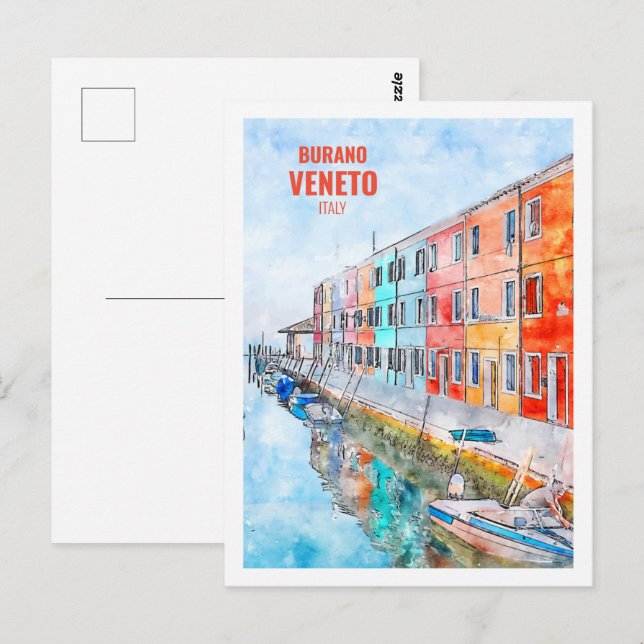 Postal Burano Veneto Italia Famosa acuarela de viaje (Anverso / Reverso)