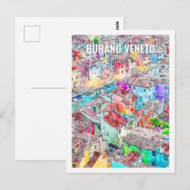 Postal Burano Veneto Italia Famoso lugar de viaje acuarel (Anverso / Reverso)