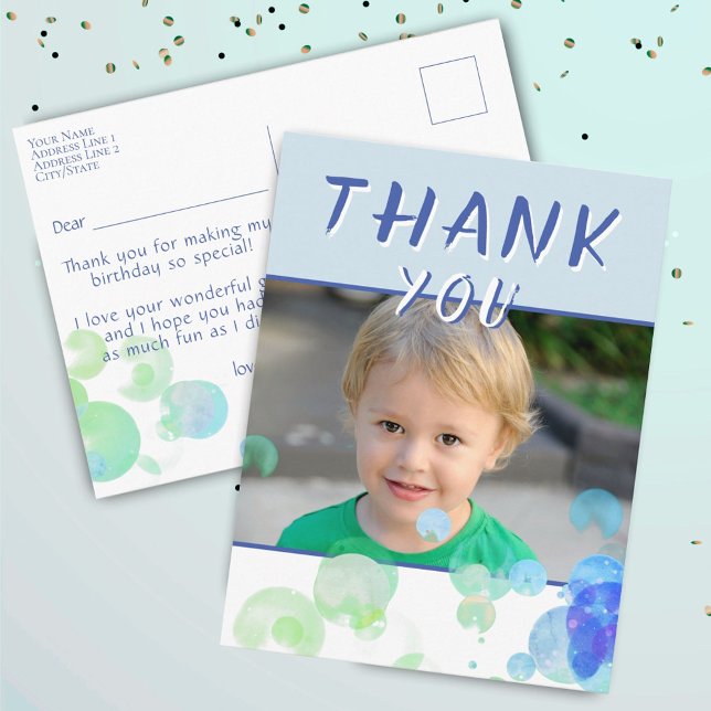 Postal Burbujas Azules de Cumpleaños para Niños Gracias (Subido por el creador)