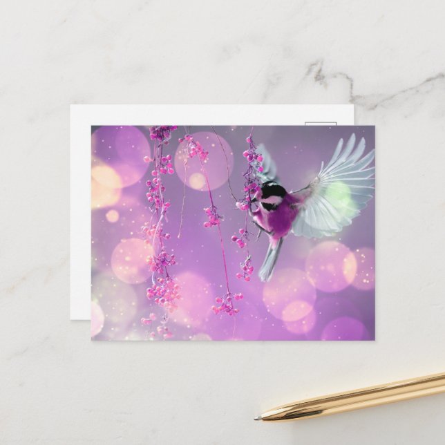 Postal Burbujas Bokeh Flying Hummingbird - Rosa (Anverso/Reverso In Situ)