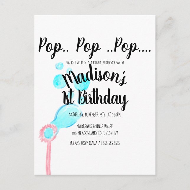 Postal Burbujas de Acuarela Cumpleaños Pop Pop Pop  (Anverso)