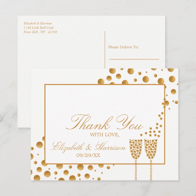 Postal Burbujas de champán dorado agradecimiento de boda (Anverso / Reverso)