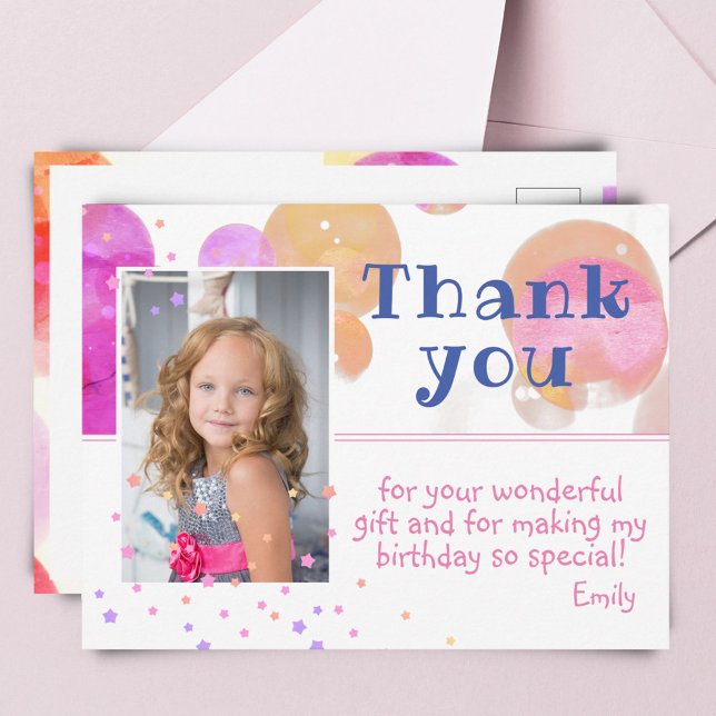 Postal Burbujas modernas Girly Photo Birthday Gracias (Subido por el creador)