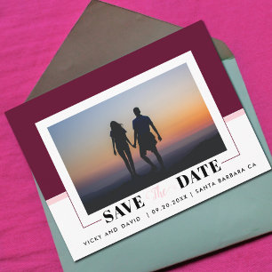 Postal Burgundy, blush pink wedding Save the Date photo