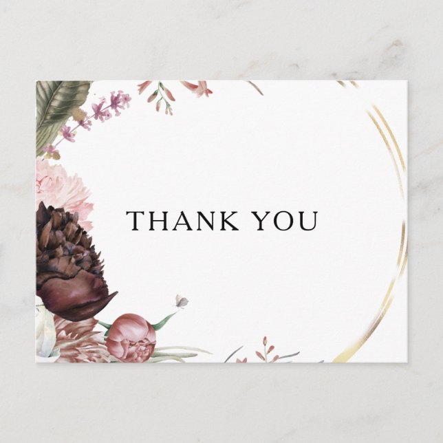 Postal Burgundy Boho Boda Floral Gracias Postcard (Anverso)