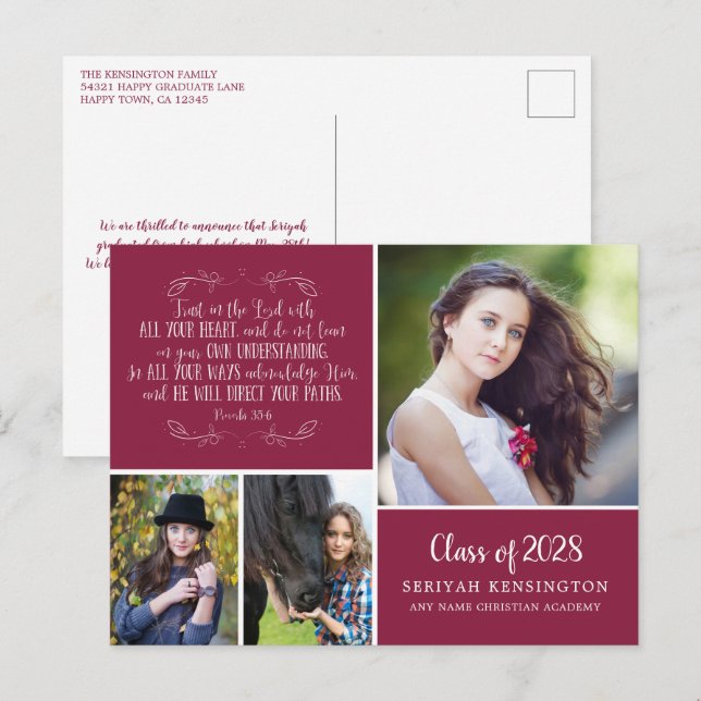 Postal Burgundy Christian Graduation Proverbs 3 Photo (Anverso / Reverso)