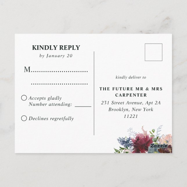 Postal Burgundy Dusty Blue Floral Watercolor Wedding RSVP (Reverso)