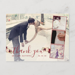 Postal Burgundy Floral 4 Collage de fotos Boda Gracias