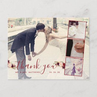 Postal Burgundy Floral 4 Collage de fotos Boda Gracias