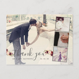 Postal Burgundy Floral 4 Collage de fotos Boda Gracias