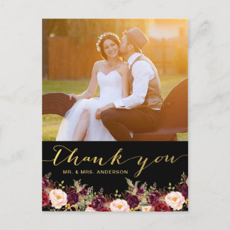 Postal Burgundy Floral Black Gold Photo Boda Gracias