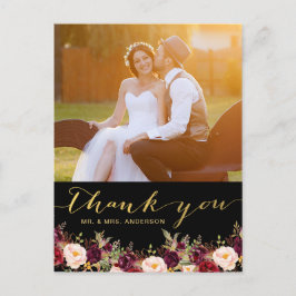 Postal Burgundy Floral Black Gold Photo Boda Gracias