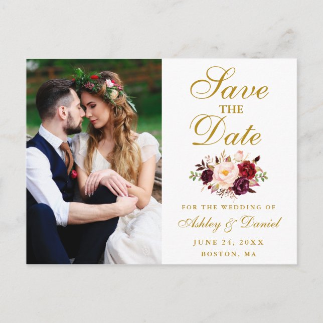 Postal Burgundy Floral Gold Photo Save the Date (Anverso)
