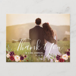 Postal Burgundy Floral Photo Boda Gracias