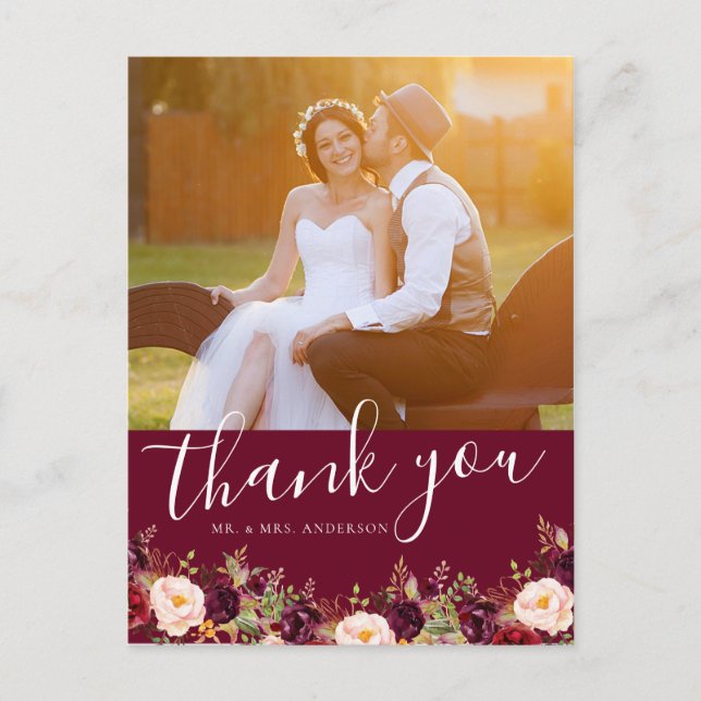 Postal Burgundy Floral Photo Rustic Boda Gracias (Anverso)