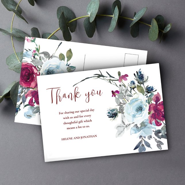 Postal Burgundy Floral Rustic Boda Gracias (Burgundy Floral Rustic Wedding Thank You Postcard)