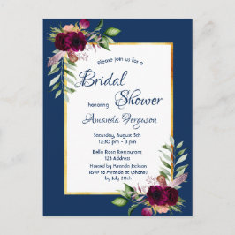 Postal Burgundy florals azul marino oro boho novia ducha