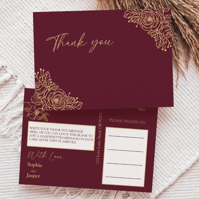 Postal Burgundy Gold Floral Boda Gracias Postcard (Subido por el creador)
