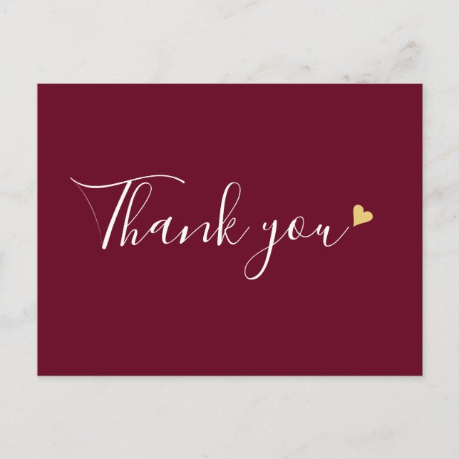 Postal Burgundy Gold Heart Script Agradecimiento Comercia (Anverso)