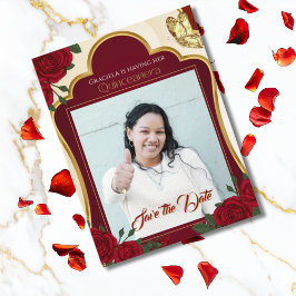 Postal Burgundy & Gold Rose Quinceañera Save the Date