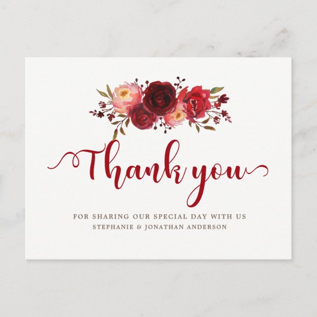 Postal Burgundy Marsala Red Roses Floral Gracias (Anverso)