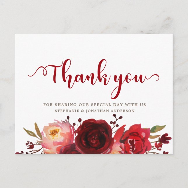 Postal Burgundy Marsala Red Roses Floral Gracias (Anverso)