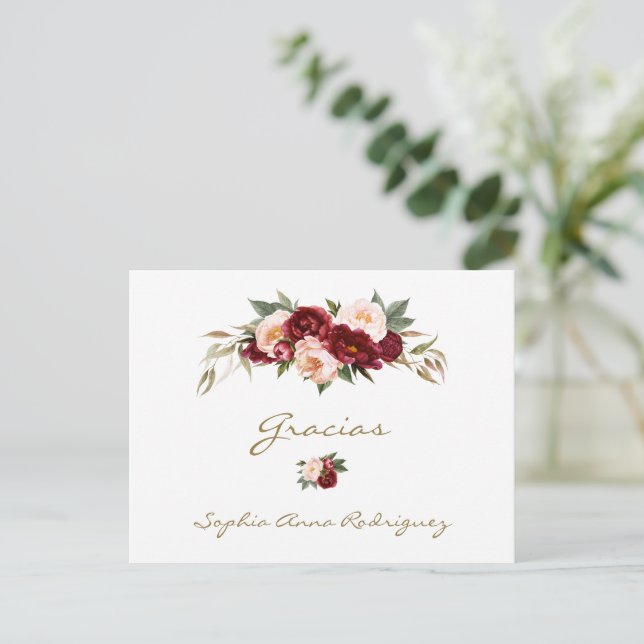 Postal Burgundy Melocotón Floral Baby Shower Gracias  (Anverso de pie)