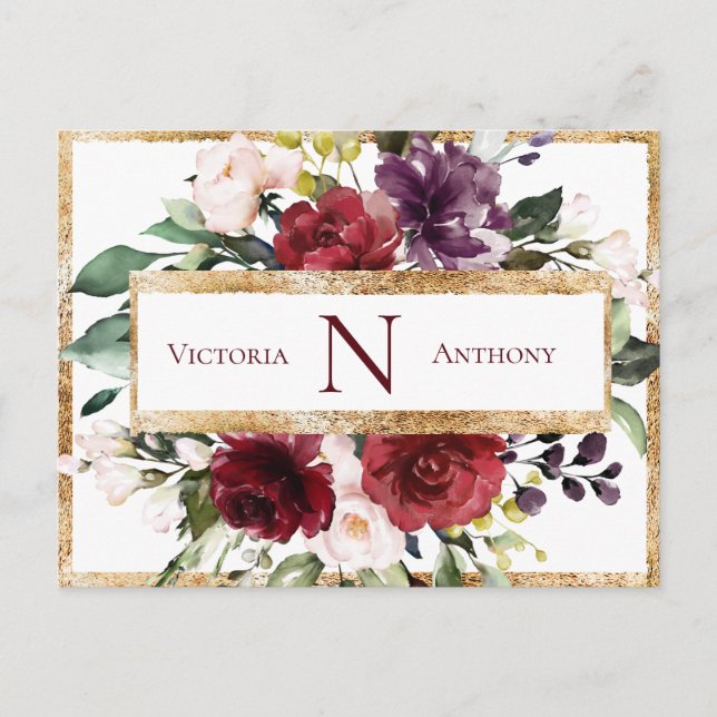 Postal Burgundy Monograma Floral Oro Gracias (Anverso)