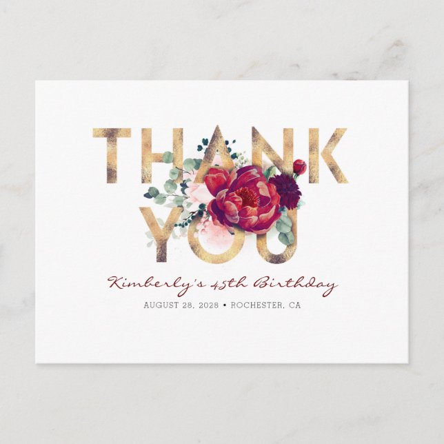 Postal Burgundy Red Peony Gold Birday Gracias (Anverso)