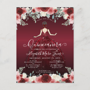 Postal Burgundy Rojo Floral Princesa Cumpleaños Quinceañe