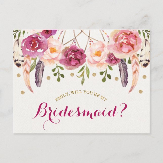 Postal Burgundy Rubor Boho Floral Be My Bridesmaid Card (Anverso)