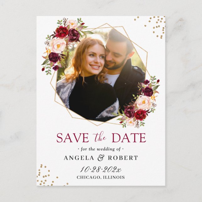 Postal Burgundy Rubor Floral Gold Geometric Save the Date (Anverso)