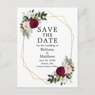 Postal Burgundy White Floral Geo Frame Save The Date