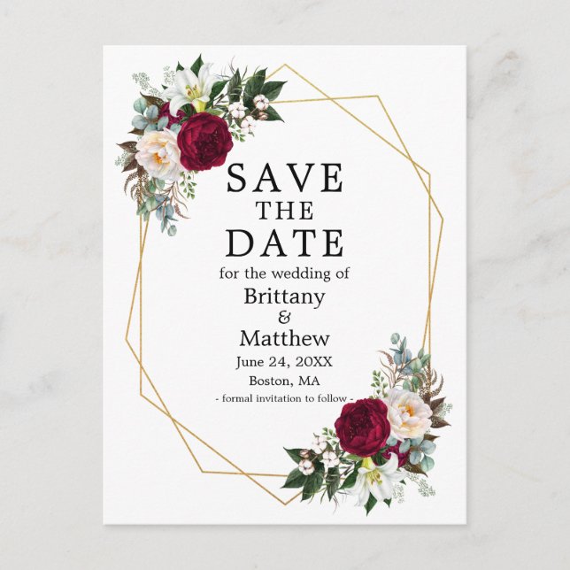 Postal Burgundy White Floral Geo Frame Save The Date (Anverso)