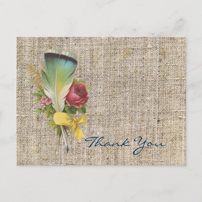 Postal burlap boho feather wildflower bohemias gracias (Anverso)