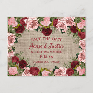 Postal Burlap Burgundy Rubor Pink Floral Save Date
