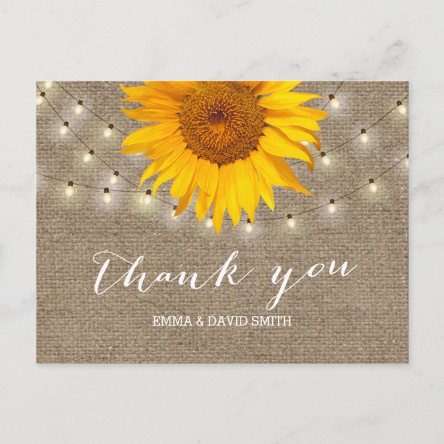 Postal Burlap Sunflower & String Lights Gracias (Anverso)