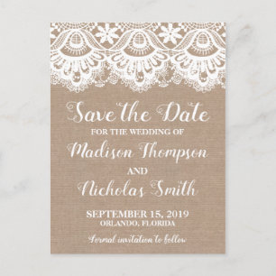 Postal Burlap y Lace Save Date Postcards, Rústico