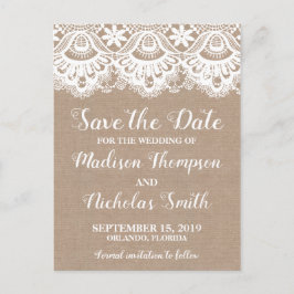 Postal Burlap y Lace Save Date Postcards, Rústico