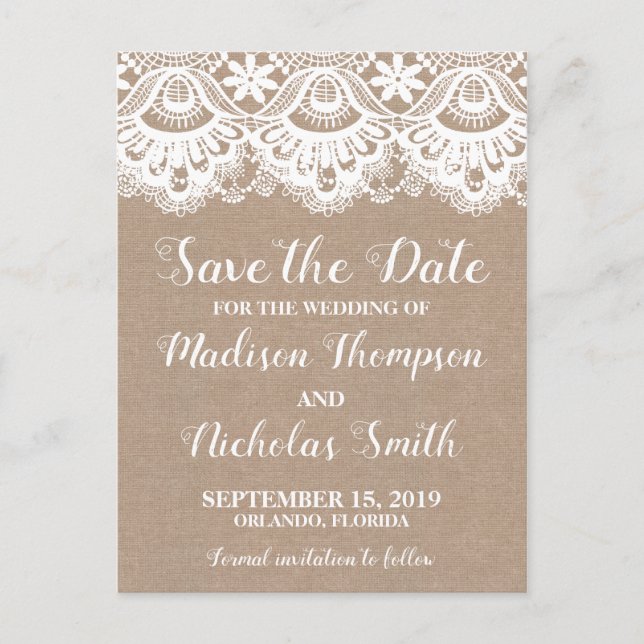 Postal Burlap y Lace Save Date Postcards, Rústico (Anverso)