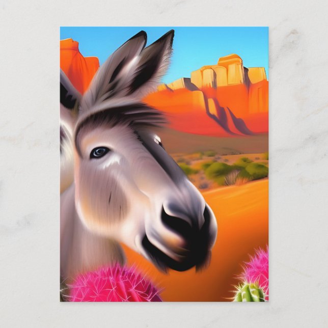 Postal Burro del Desierto Cute con cactus florecientes (Anverso)