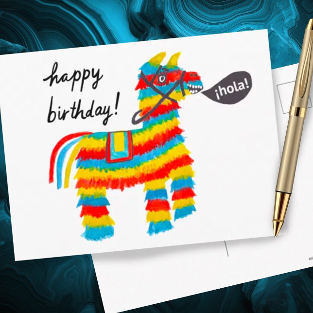 Postal Burro Piñata Acuarela Colorida FELIZ CUMPLEAÑOS (Cute colorful watercolor donkey pinata happy birthday postcard)