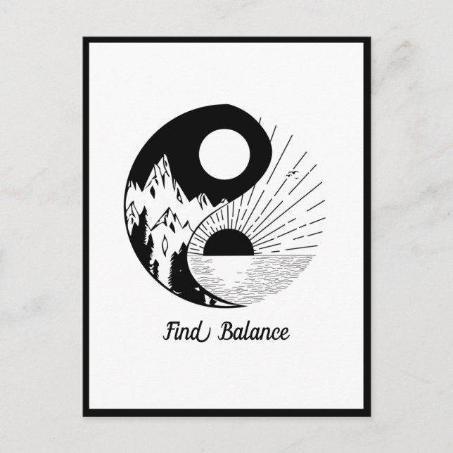 Postal Buscar equilibrio Zen Yin Yang blanco negro (Anverso)