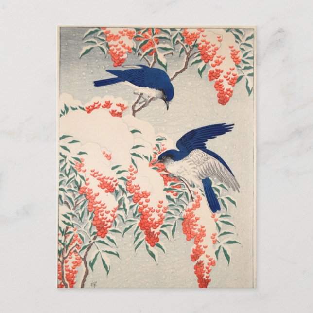 Postal Bush y Fly Catchers en nieve de Ohara Koson (Anverso)