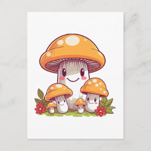 Postal Búsqueda de champiñones, estilo kawaii feliz