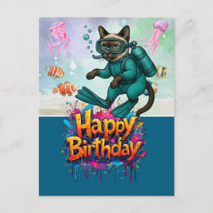 Postal Buzo buceando gato feliz cumpleaños 