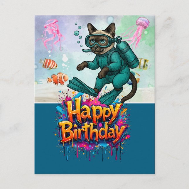 Postal Buzo de buceo gato feliz cumpleaños  (Anverso)