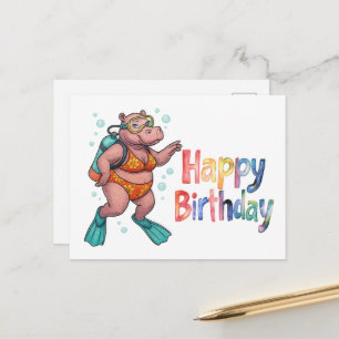 Postal Buzo de hipopótamo bajo el agua Feliz Cumpleaños 