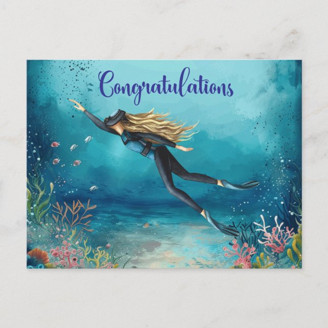 Postal Buzo Felicitaciones buceando bajo el mar (Anverso)
