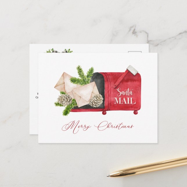 Postal Buzón de correo rojo de Santa con pinecones y bola (Anverso/Reverso In Situ)